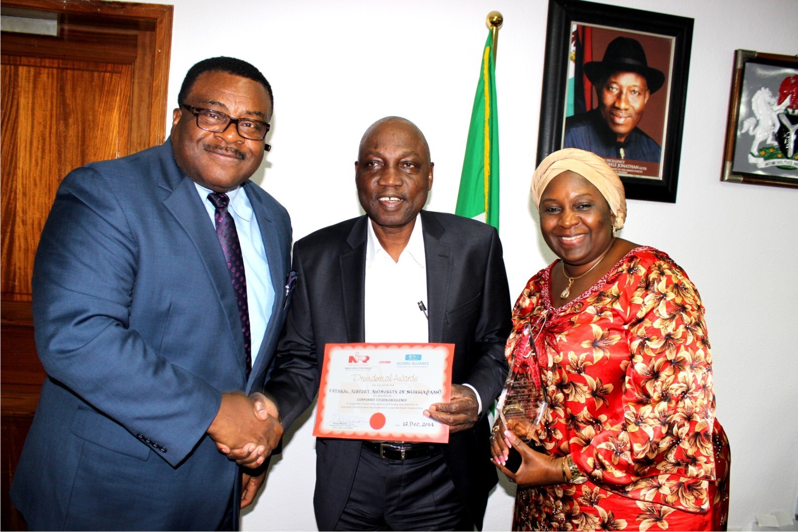 L-R: Capt. Henry Omeogu, Director, Airport Operations; Engr. Saleh Dunoma, Managing Director, Federal Airports Authority of Nigeria (FAAN) & Hajia Salamatu B. Umar-Eluma, Director, Human Resources during the NIPR Corporate Citizen Excellence award presentation to FAAN, recently